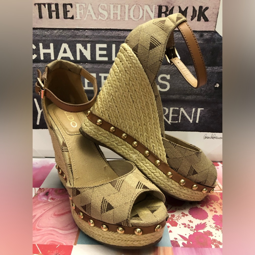 Brown & Tan High Espadrilles with Cream Platforms, Gold Nail Rivets